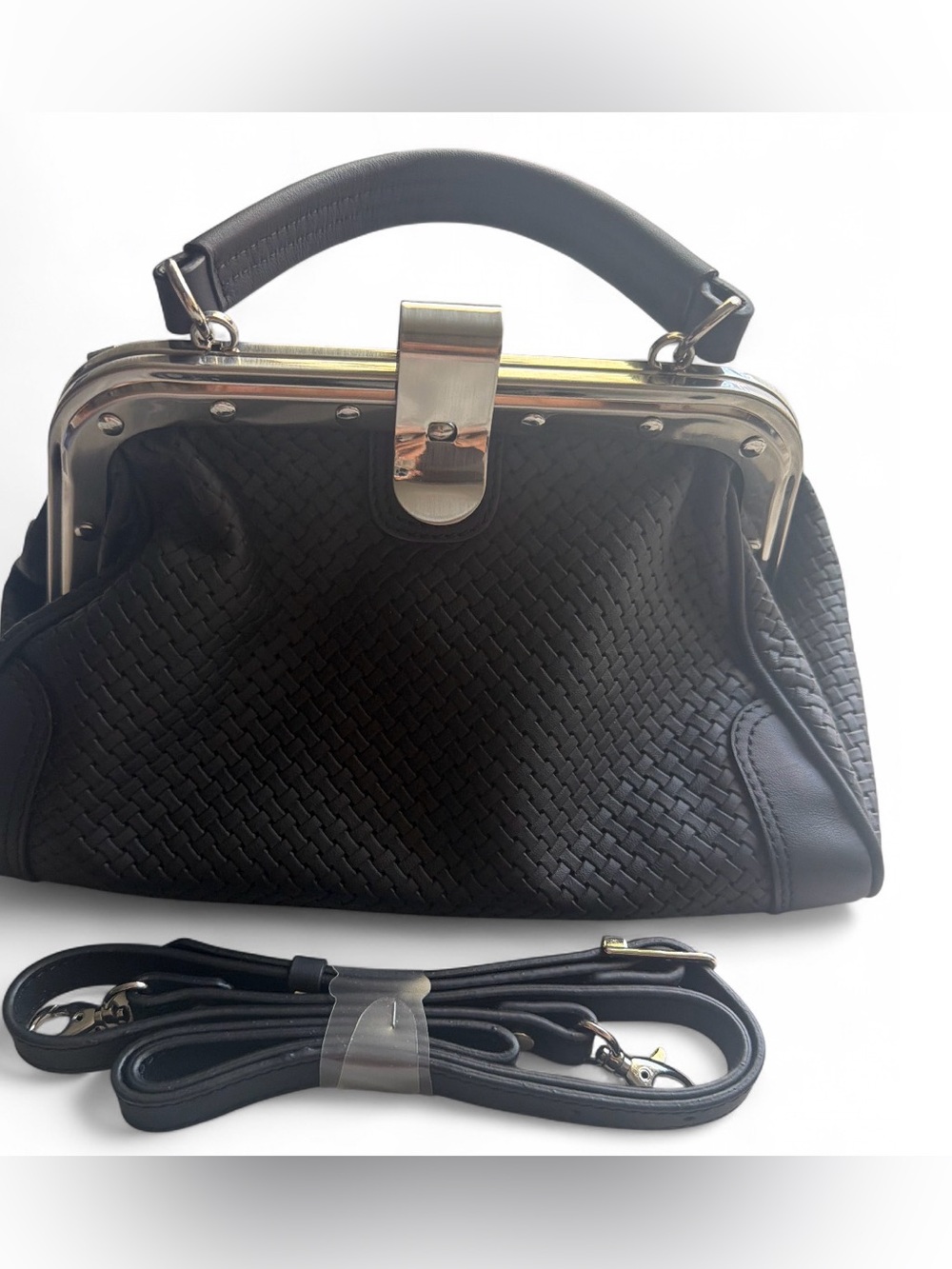 Structured Black Woven Frame Satchel with Removable Strap